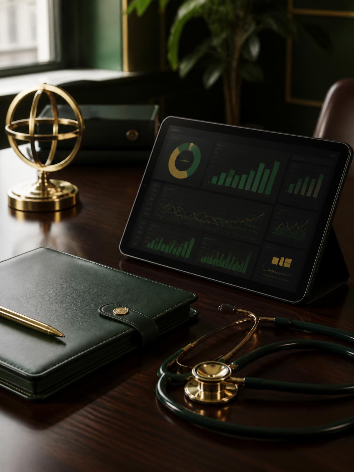 Tablet displaying revenue cycle analytics with a stethoscope and green leather portfolio on a walnut desk